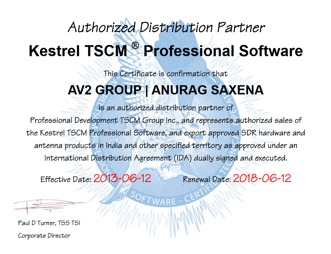 Kestrel Distributor Certificate